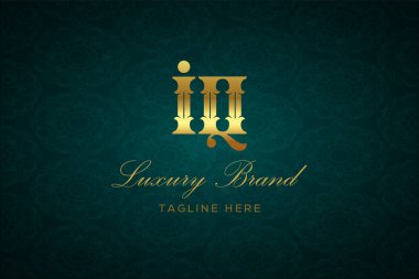 IQ luxury harfi. Koyu yeşil desenli arka planda altın yazı ve dekorasyonlu lüks marka logosu, sofistike ve ayrıcalığı simgeliyor, premium ürünleri, markaları ve üst düzey işletmeleri temsil etmek için mükemmel..