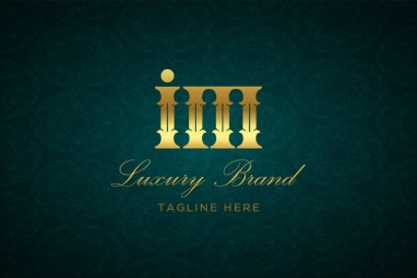 İm Luxury mektubu. Koyu yeşil desenli arka planda altın yazı ve dekorasyonlu lüks marka logosu, sofistike ve ayrıcalığı simgeliyor, premium ürünleri, markaları ve üst düzey işletmeleri temsil etmek için mükemmel..