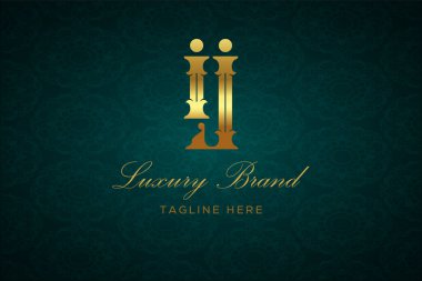 IJ LUXURY Mektubu. Koyu yeşil desenli arka planda altın yazı ve dekorasyonlu lüks marka logosu, sofistike ve ayrıcalığı simgeliyor, premium ürünleri, markaları ve üst düzey işletmeleri temsil etmek için mükemmel..