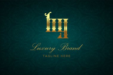 HY Lüksü Mektubu. Koyu yeşil desenli arka planda altın yazı ve dekorasyonlu lüks marka logosu, sofistike ve ayrıcalığı simgeliyor, premium ürünleri, markaları ve üst düzey işletmeleri temsil etmek için mükemmel..