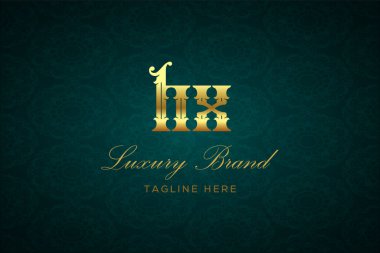HX Lüksü Mektubu. Koyu yeşil desenli arka planda altın yazı ve dekorasyonlu lüks marka logosu, sofistike ve ayrıcalığı simgeliyor, premium ürünleri, markaları ve üst düzey işletmeleri temsil etmek için mükemmel..