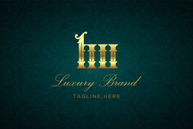 Hu Luxury mektubu. HV LUXURY Letter 'da altın metin ve süsleme içeren lüks marka logosu. Koyu yeşil desenli arka planda altın yazı ve süsleme içeren lüks marka logosu sofistike ve ayrıcalığı sembolize ediyor.