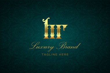 İK Lüksü Mektubu. Koyu yeşil desenli arka planda altın yazı ve dekorasyonlu lüks marka logosu, sofistike ve ayrıcalığı simgeliyor, premium ürünleri, markaları ve üst düzey işletmeleri temsil etmek için mükemmel..