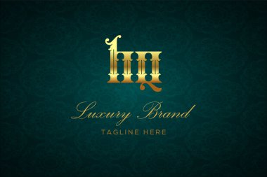 HQ Luxury Mektubu. Koyu yeşil desenli arka planda altın yazı ve dekorasyonlu lüks marka logosu, sofistike ve ayrıcalığı simgeliyor, premium ürünleri, markaları ve üst düzey işletmeleri temsil etmek için mükemmel..