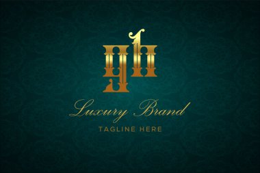 GH LUXURY Mektubu. Koyu yeşil desenli arka planda altın yazı ve dekorasyonlu lüks marka logosu, sofistike ve ayrıcalığı simgeliyor, premium ürünleri, markaları ve üst düzey işletmeleri temsil etmek için mükemmel..
