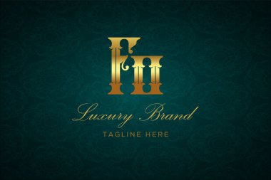 Fo Luxury mektubu. Koyu yeşil desenli arka planda altın yazı ve dekorasyonlu lüks marka logosu, sofistike ve ayrıcalığı simgeliyor, premium ürünleri, markaları ve üst düzey işletmeleri temsil etmek için mükemmel..