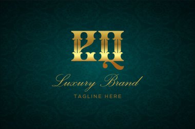 EQ luxury harfi. Koyu yeşil desenli arka planda altın yazı ve dekorasyonlu lüks marka logosu, sofistike ve ayrıcalığı simgeliyor, premium ürünleri, markaları ve üst düzey işletmeleri temsil etmek için mükemmel..