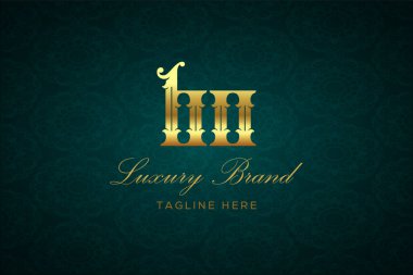 Mavi Lükslü Mektup. Koyu yeşil desenli arka planda altın yazı ve dekorasyonlu lüks marka logosu, sofistike ve ayrıcalığı simgeliyor, premium ürünleri, markaları ve üst düzey işletmeleri temsil etmek için mükemmel..