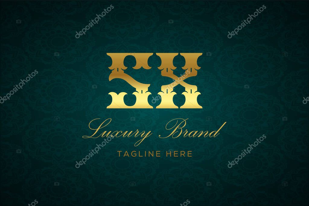 SX LUXURY LETTER. Luxury brand logo featuring gold text and decoration on a dark green patterned background, symbolizing sophistication and exclusivity, perfect for representing premium products, brands, and high-end businesses.