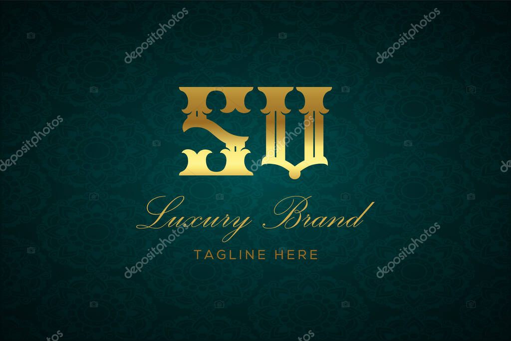 SV LUXURY LETTER. Luxury brand logo featuring gold text and decoration on a dark green patterned background, symbolizing sophistication and exclusivity, perfect for representing premium products, brands, and high-end businesses.