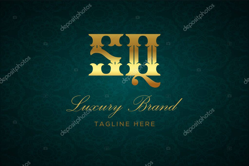 SQ LUXURY LETTER. Luxury brand logo featuring gold text and decoration on a dark green patterned background, symbolizing sophistication and exclusivity, perfect for representing premium products, brands, and high-end businesses.
