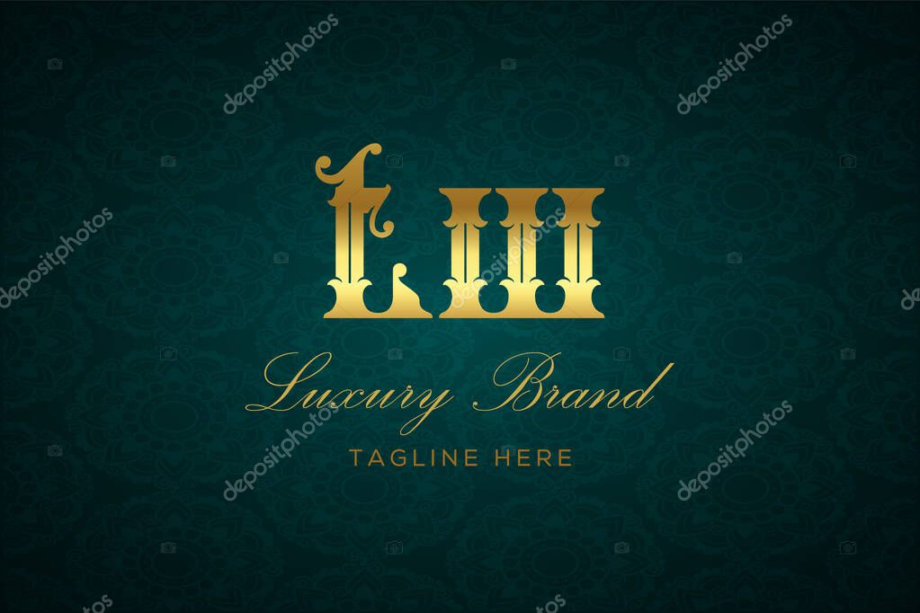 TW LUXURY LETTER. Luxury brand logo featuring gold text and decoration on a dark green patterned background, symbolizing sophistication and exclusivity, perfect for representing premium products, brands, and high-end businesses.
