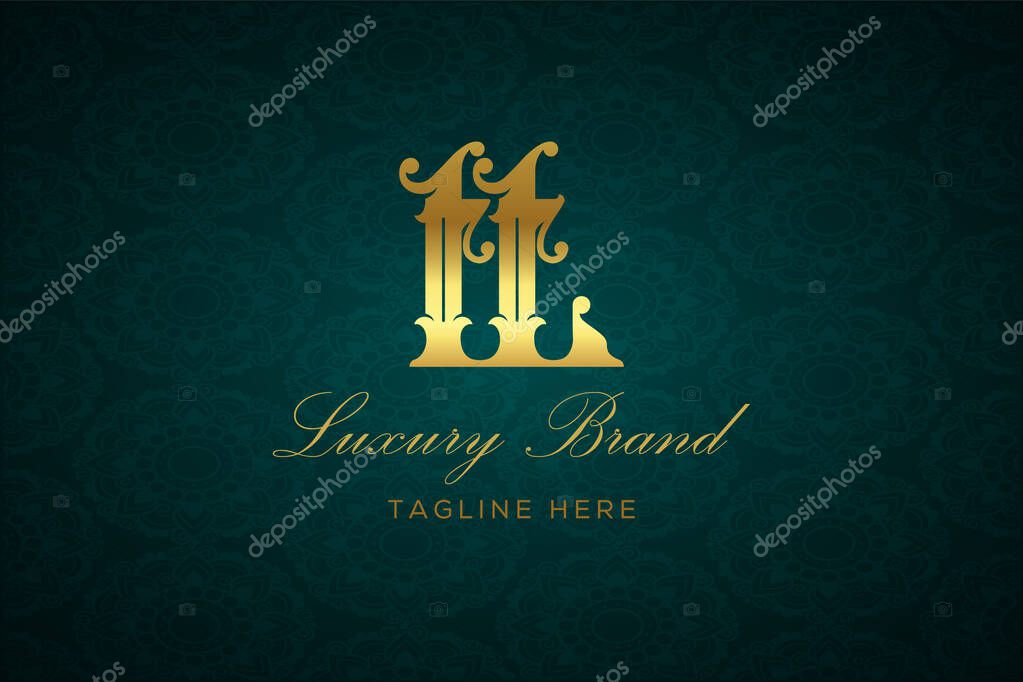 TT LUXURY LETTER. Luxury brand logo featuring gold text and decoration on a dark green patterned background, symbolizing sophistication and exclusivity, perfect for representing premium products, brands, and high-end businesses.