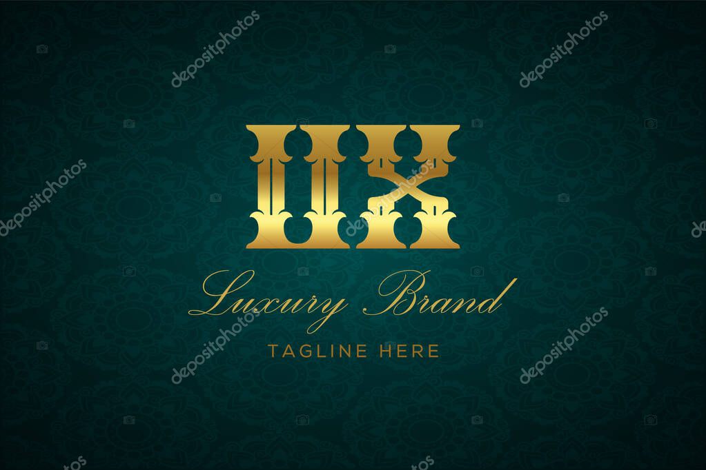 UX LUXURY LETTER. Luxury brand logo featuring gold text and decoration on a dark green patterned background, symbolizing sophistication and exclusivity, perfect for representing premium products, brands, and high-end businesses.