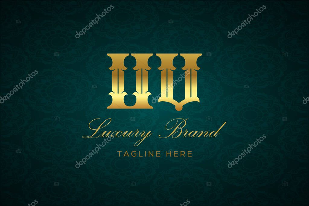 UV LUXURY LETTER. Luxury brand logo featuring gold text and decoration on a dark green patterned background, symbolizing sophistication and exclusivity, perfect for representing premium products, brands, and high-end businesses.