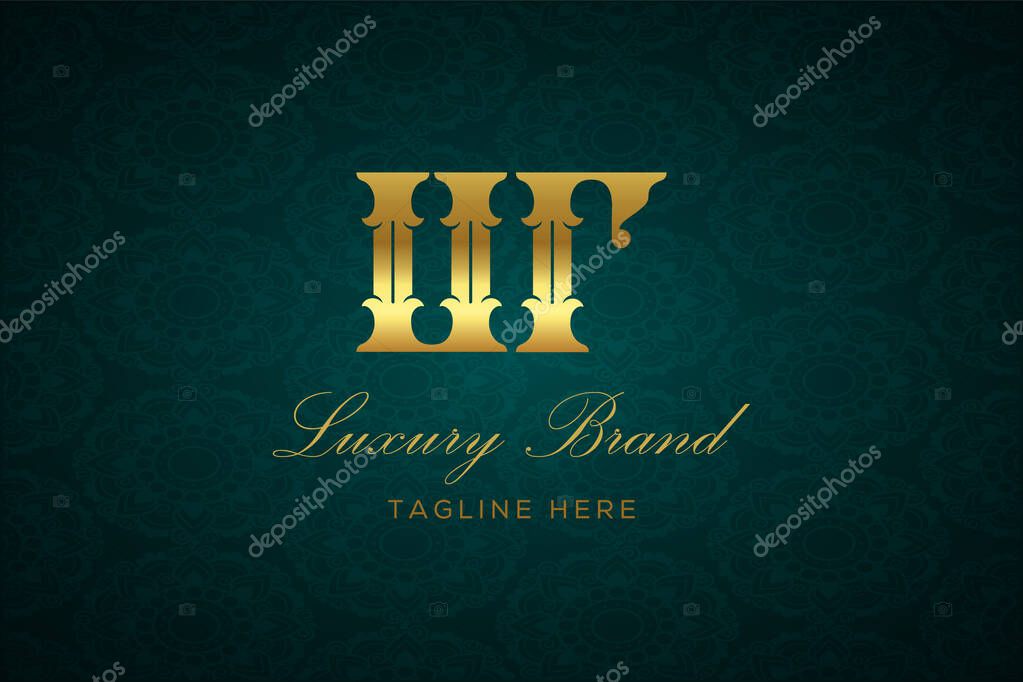 UR LUXURY LETTER. Luxury brand logo featuring gold text and decoration on a dark green patterned background, symbolizing sophistication and exclusivity, perfect for representing premium products, brands, and high-end businesses.
