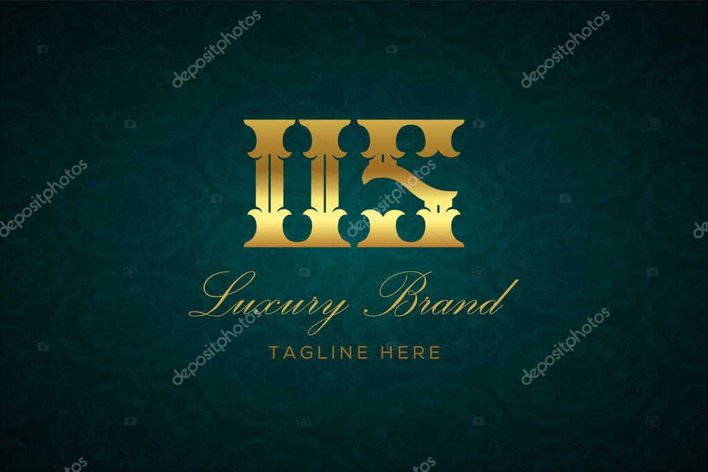 US LUXURY LETTER. Luxury brand logo featuring gold text and decoration on a dark green patterned background, symbolizing sophistication and exclusivity, perfect for representing premium products, brands, and high-end businesses.