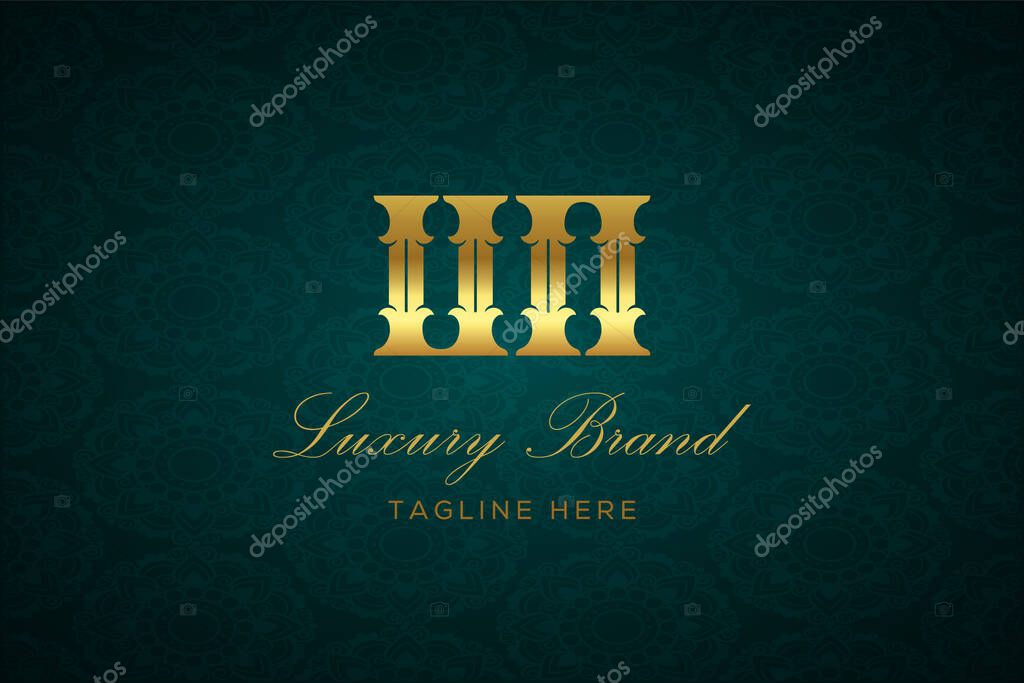 UN LUXURY LETTER. Luxury brand logo featuring gold text and decoration on a dark green patterned background, symbolizing sophistication and exclusivity, perfect for representing premium products, brands, and high-end businesses.
