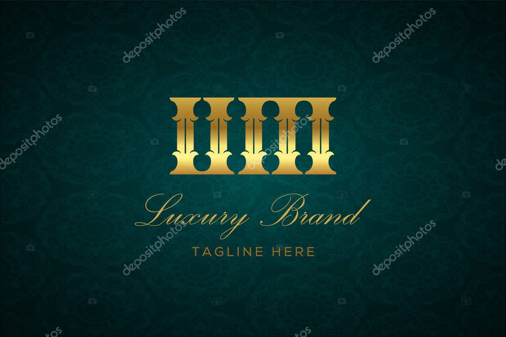 UM LUXURY LETTER. Luxury brand logo featuring gold text and decoration on a dark green patterned background, symbolizing sophistication and exclusivity, perfect for representing premium products, brands, and high-end businesses.