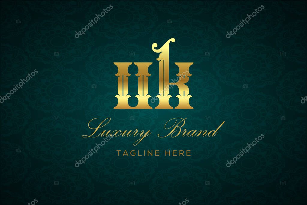 UK LUXURY LETTER. Luxury brand logo featuring gold text and decoration on a dark green patterned background, symbolizing sophistication and exclusivity, perfect for representing premium products, brands, and high-end businesses.