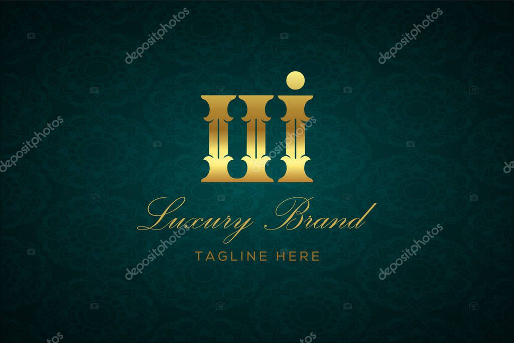 UI LUXURY LETTER. Luxury brand logo featuring gold text and decoration on a dark green patterned background, symbolizing sophistication and exclusivity, perfect for representing premium products, brands, and high-end businesses.