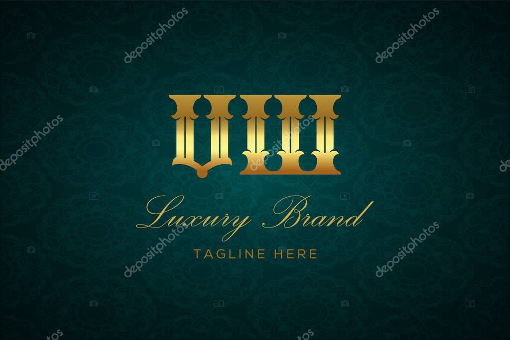 VW LUXURY LETTER. Luxury brand logo featuring gold text and decoration on a dark green patterned background, symbolizing sophistication and exclusivity, perfect for representing premium products, brands, and high-end businesses.