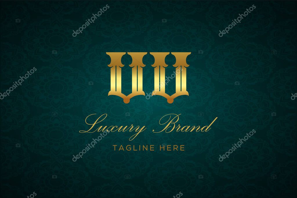 VV LUXURY LETTER. Luxury brand logo featuring gold text and decoration on a dark green patterned background, symbolizing sophistication and exclusivity, perfect for representing premium products, brands, and high-end businesses.