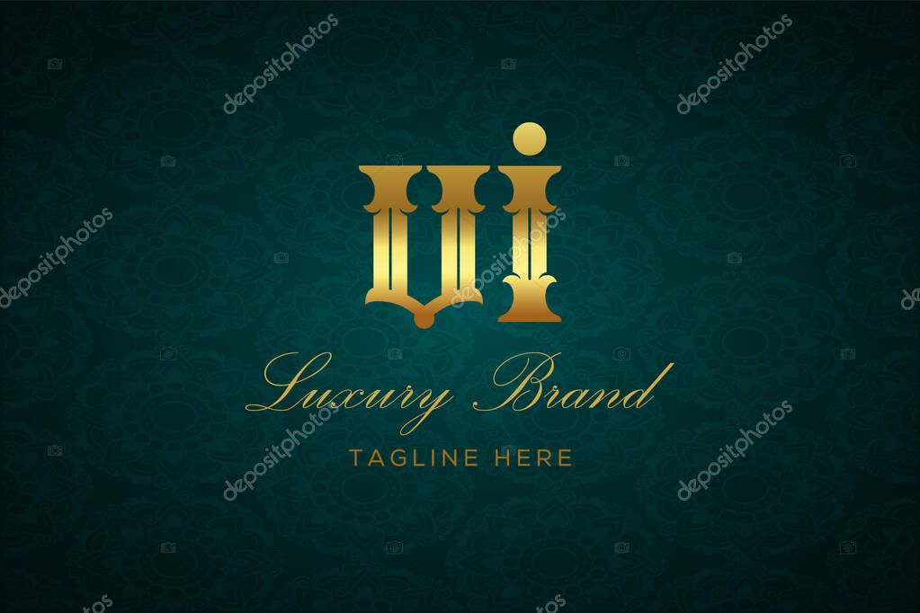 VI LUXURY LETTER. Luxury brand logo featuring gold text and decoration on a dark green patterned background, symbolizing sophistication and exclusivity, perfect for representing premium products, brands, and high-end businesses.