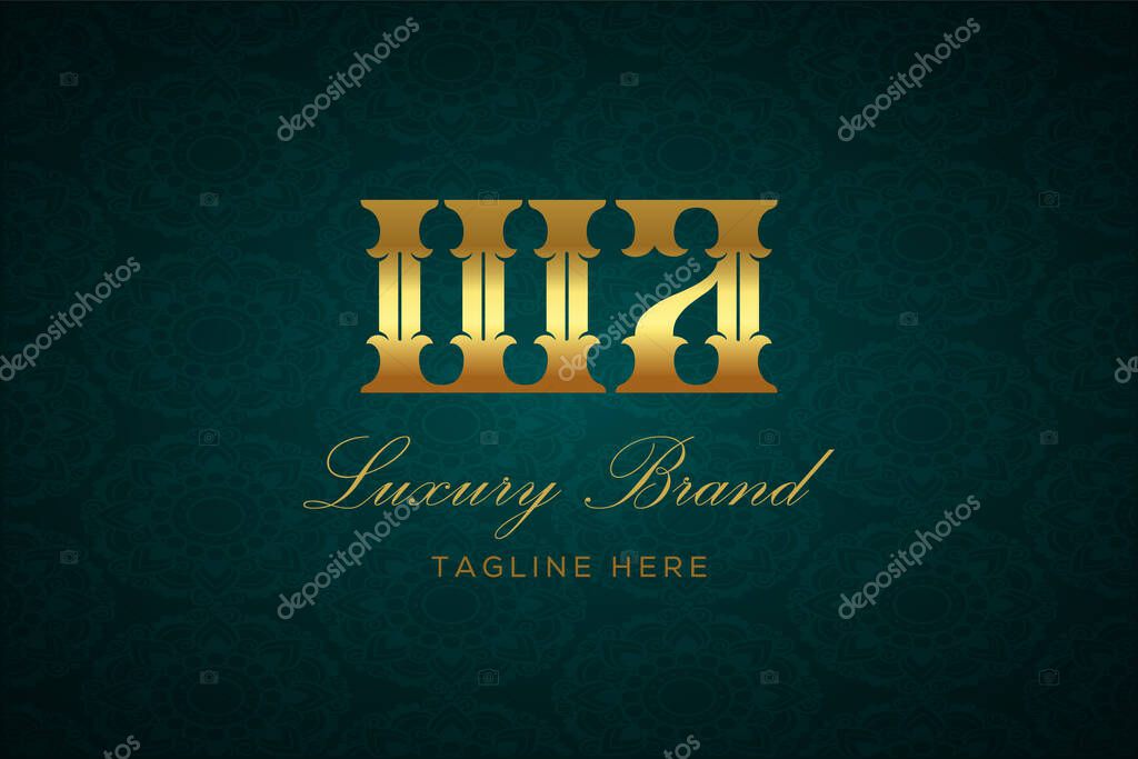 WA LUXURY LETTER. Luxury brand logo featuring gold text and decoration on a dark green patterned background, symbolizing sophistication and exclusivity, perfect for representing premium products, brands, and high-end businesses.