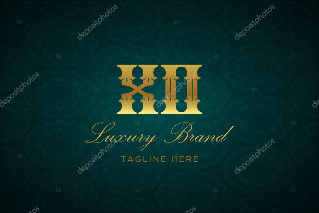 XO LUXURY LETTER. Luxury brand logo featuring gold text and decoration on a dark green patterned background, symbolizing sophistication and exclusivity, perfect for representing premium products, brands, and high-end businesses.