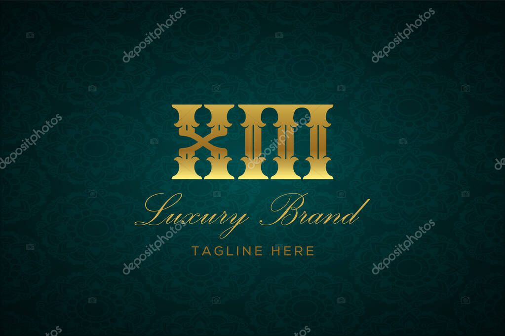 XM LUXURY LETTER. Luxury brand logo featuring gold text and decoration on a dark green patterned background, symbolizing sophistication and exclusivity, perfect for representing premium products, brands, and high-end businesses.