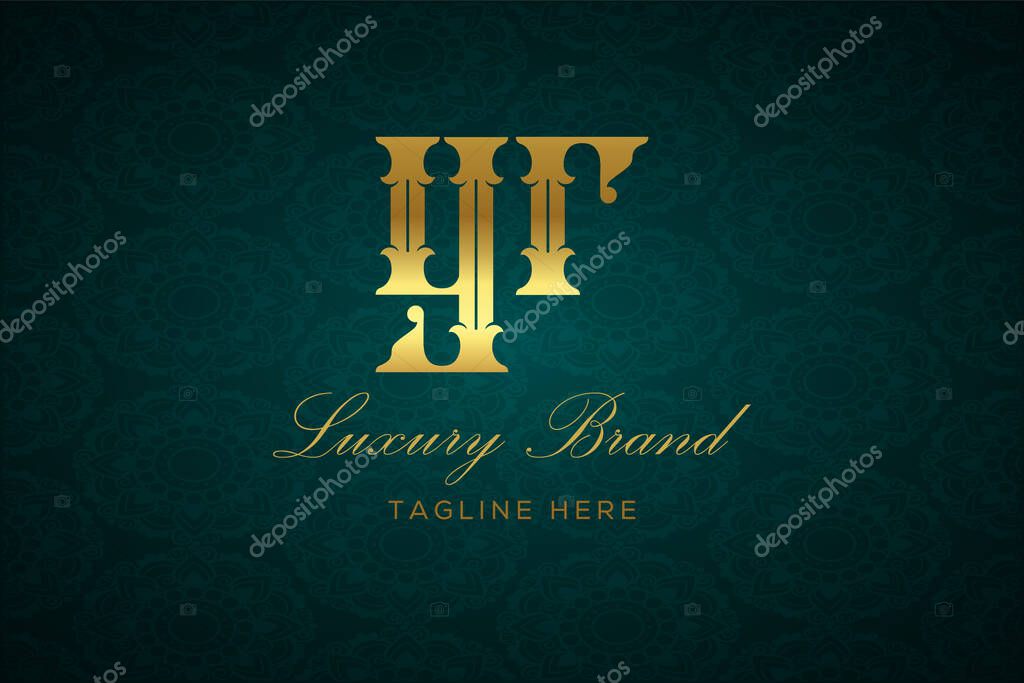 YR LUXURY LETTER. Luxury brand logo featuring gold text and decoration on a dark green patterned background, symbolizing sophistication and exclusivity, perfect for representing premium products, brands, and high-end businesses.