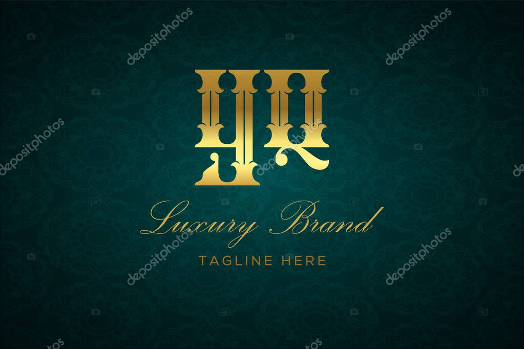 YQ LUXURY LETTER. Luxury brand logo featuring gold text and decoration on a dark green patterned background, symbolizing sophistication and exclusivity, perfect for representing premium products, brands, and high-end businesses.