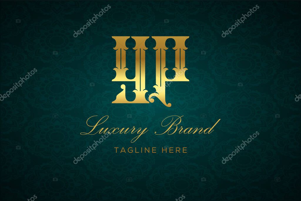 YP LUXURY LETTER. Luxury brand logo featuring gold text and decoration on a dark green patterned background, symbolizing sophistication and exclusivity, perfect for representing premium products, brands, and high-end businesses.