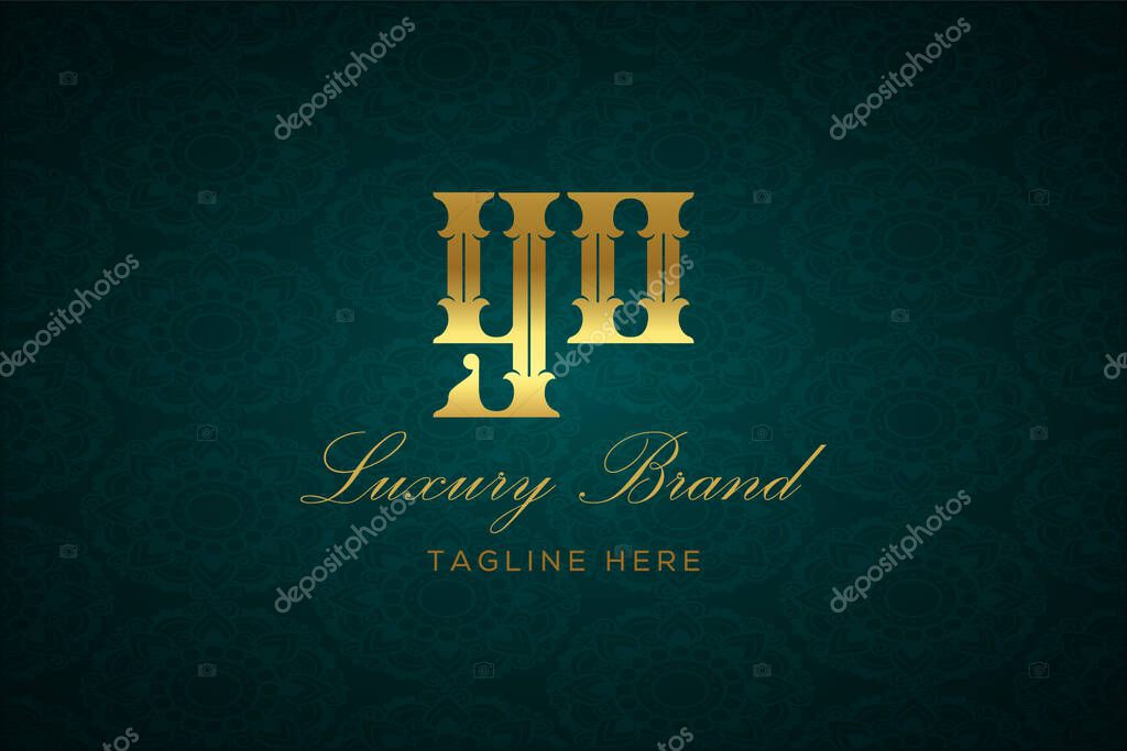 YO LUXURY LETTER. Luxury brand logo featuring gold text and decoration on a dark green patterned background, symbolizing sophistication and exclusivity, perfect for representing premium products, brands, and high-end businesses.