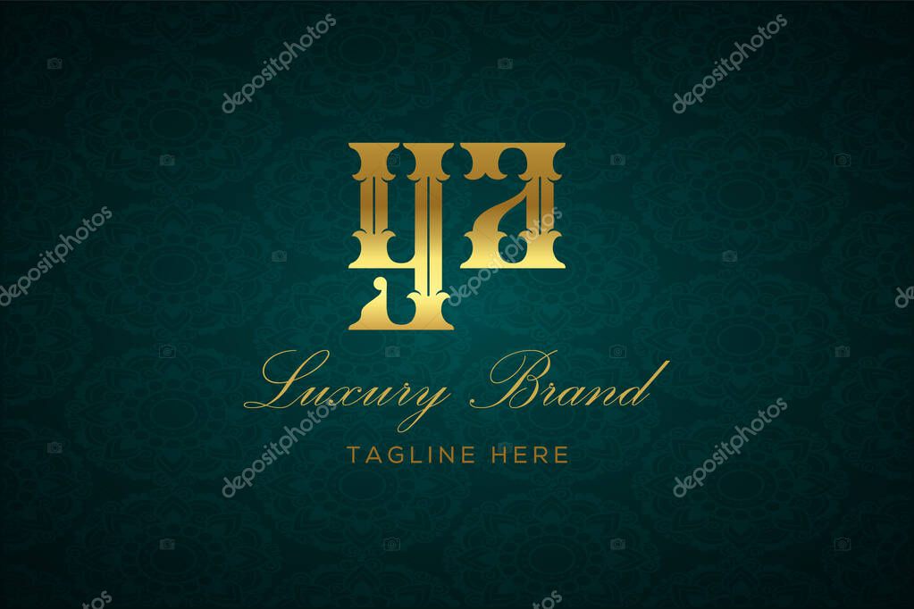 YA LUXURY LETTER. Luxury brand logo featuring gold text and decoration on a dark green patterned background, symbolizing sophistication and exclusivity, perfect for representing premium products, brands, and high-end businesses.