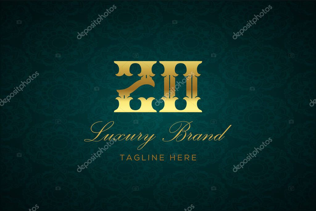 ZO LUXURY LETTER. Luxury brand logo featuring gold text and decoration on a dark green patterned background, symbolizing sophistication and exclusivity, perfect for representing premium products, brands, and high-end businesses.