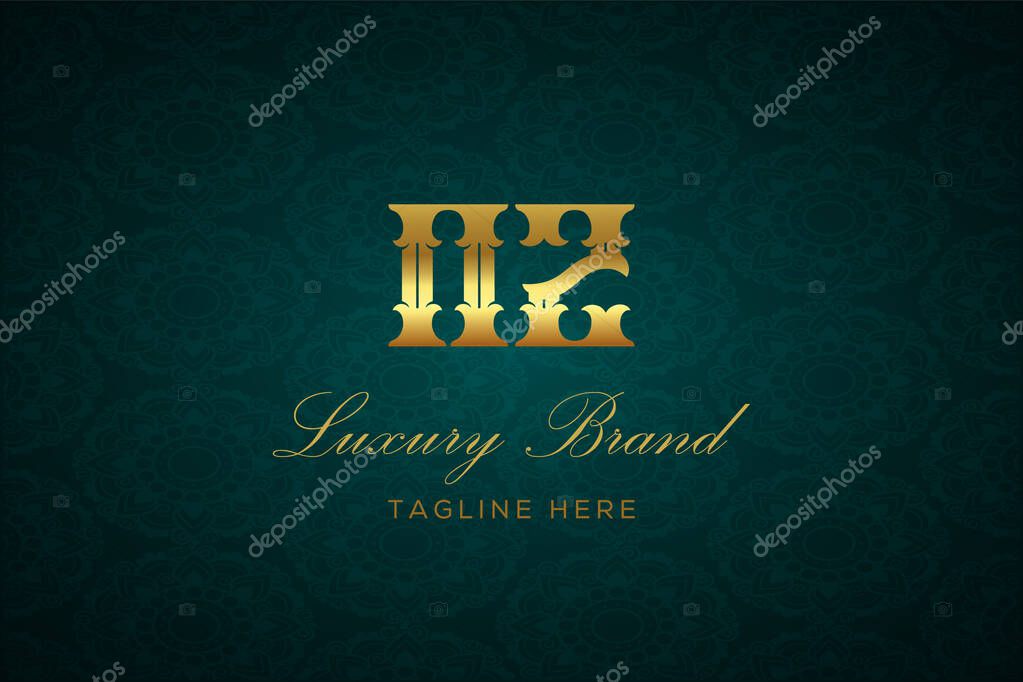 NZ LUXURY LETTER. Luxury brand logo featuring gold text and decoration on a dark green patterned background, symbolizing sophistication and exclusivity, perfect for representing premium products, brands, and high-end businesses.
