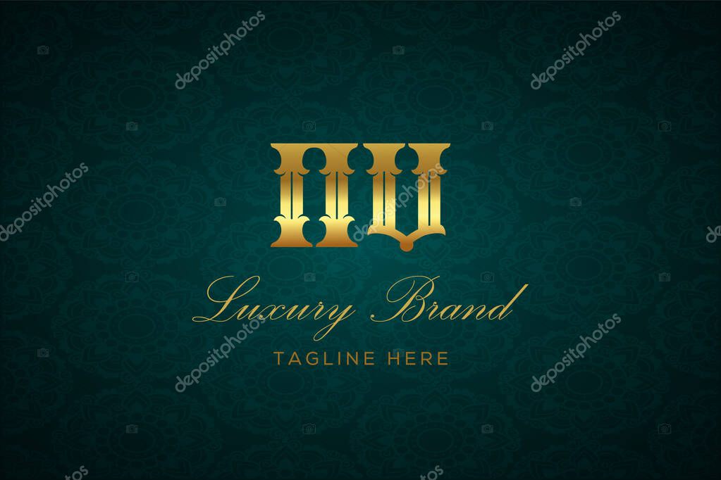NV LUXURY LETTER. Luxury brand logo featuring gold text and decoration on a dark green patterned background, symbolizing sophistication and exclusivity, perfect for representing premium products, brands, and high-end businesses.