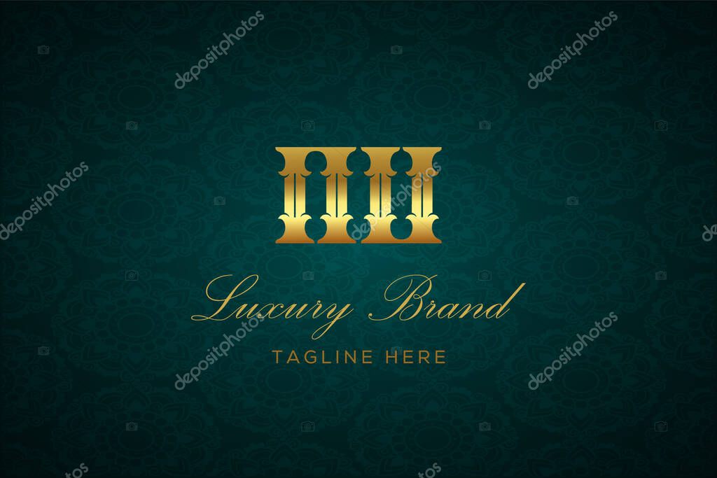 NU LUXURY LETTER. Luxury brand logo featuring gold text and decoration on a dark green patterned background, symbolizing sophistication and exclusivity, perfect for representing premium products, brands, and high-end businesses.