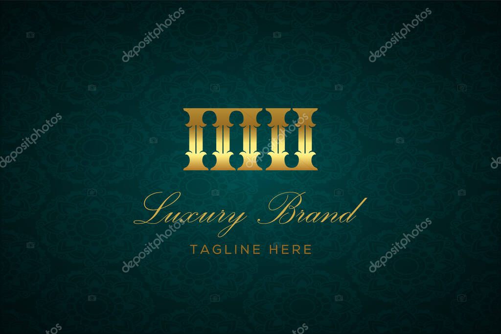 MU LUXURY LETTER. Luxury brand logo featuring gold text and decoration on a dark green patterned background, symbolizing sophistication and exclusivity, perfect for representing premium products, brands, and high-end businesses.