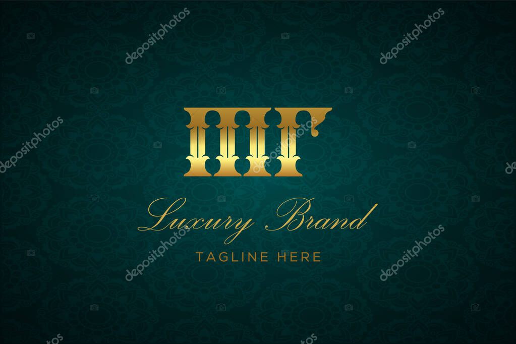 MR LUXURY LETTER. Luxury brand logo featuring gold text and decoration on a dark green patterned background, symbolizing sophistication and exclusivity, perfect for representing premium products, brands, and high-end businesses.