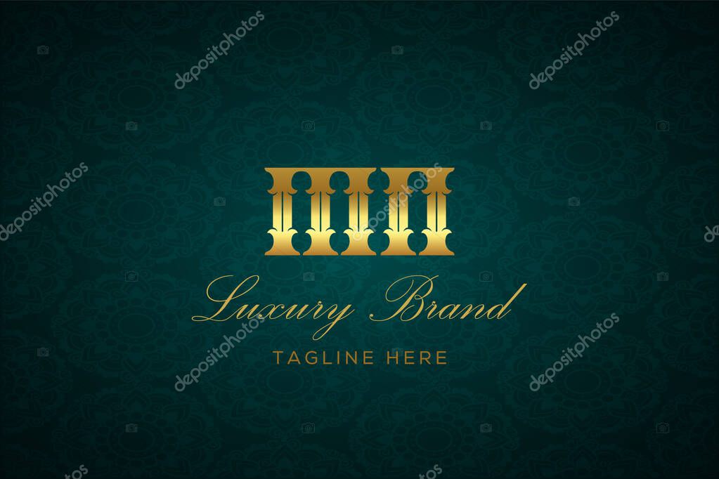 MN LUXURY LETTER. Luxury brand logo featuring gold text and decoration on a dark green patterned background, symbolizing sophistication and exclusivity, perfect for representing premium products, brands, and high-end businesses.