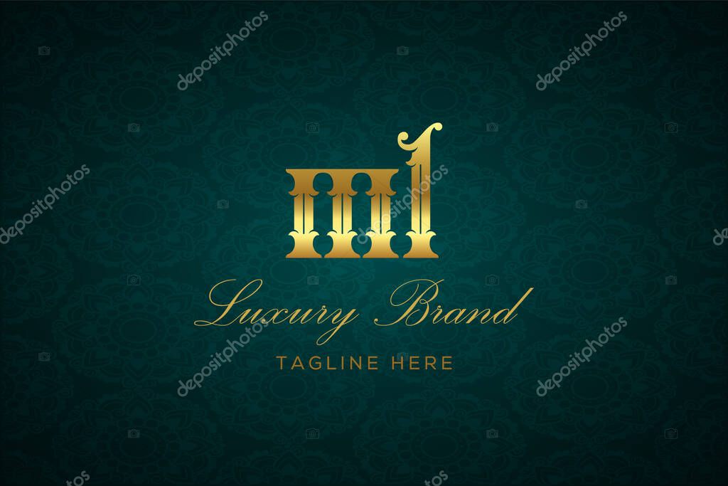 ML LUXURY LETTER. Luxury brand logo featuring gold text and decoration on a dark green patterned background, symbolizing sophistication and exclusivity, perfect for representing premium products, brands, and high-end businesses.