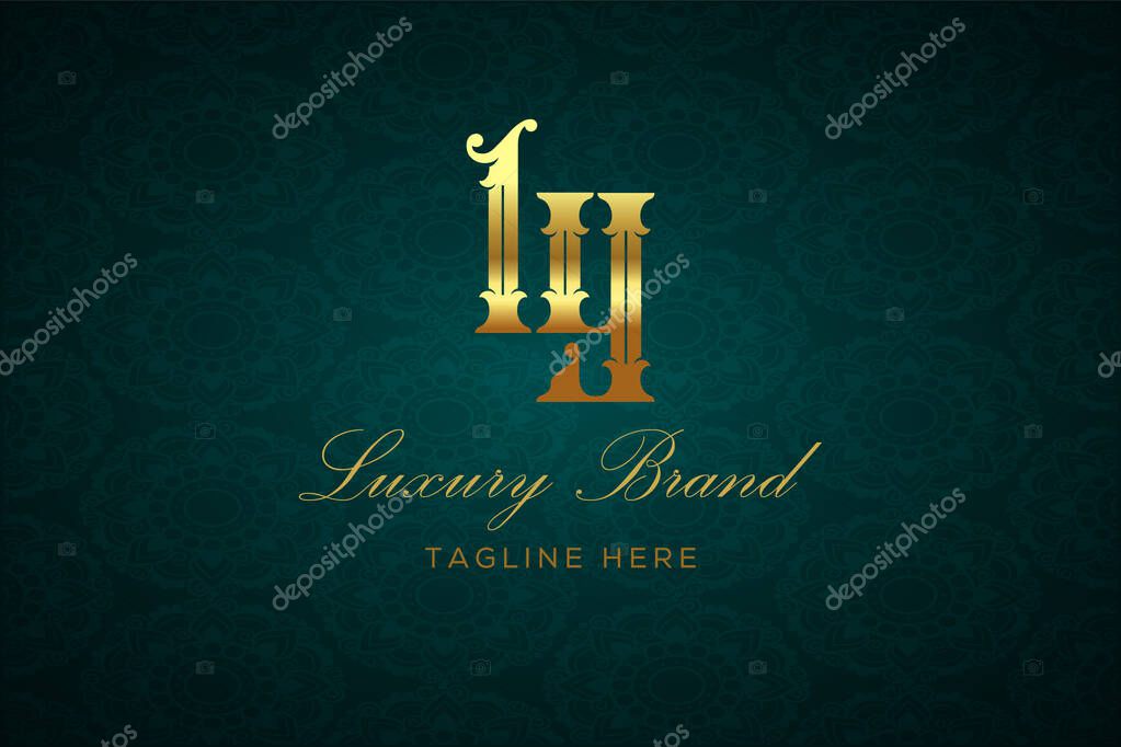 LY LUXURY LETTER. Luxury brand logo featuring gold text and decoration on a dark green patterned background, symbolizing sophistication and exclusivity, perfect for representing premium products, brands, and high-end businesses.