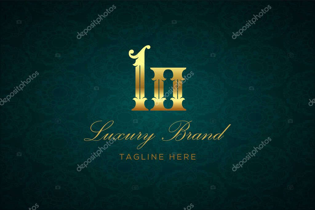 LO LUXURY LETTER. Luxury brand logo featuring gold text and decoration on a dark green patterned background, symbolizing sophistication and exclusivity, perfect for representing premium products, brands, and high-end businesses.
