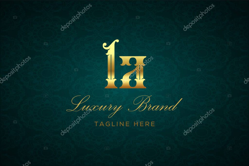 LA LUXURY LETTER. Luxury brand logo featuring gold text and decoration on a dark green patterned background, symbolizing sophistication and exclusivity, perfect for representing premium products, brands, and high-end businesses.
