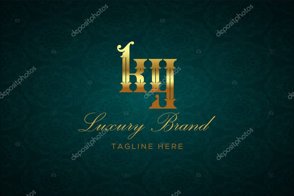 KY LUXURY LETTER. Luxury brand logo featuring gold text and decoration on a dark green patterned background, symbolizing sophistication and exclusivity, perfect for representing premium products, brands, and high-end businesses.