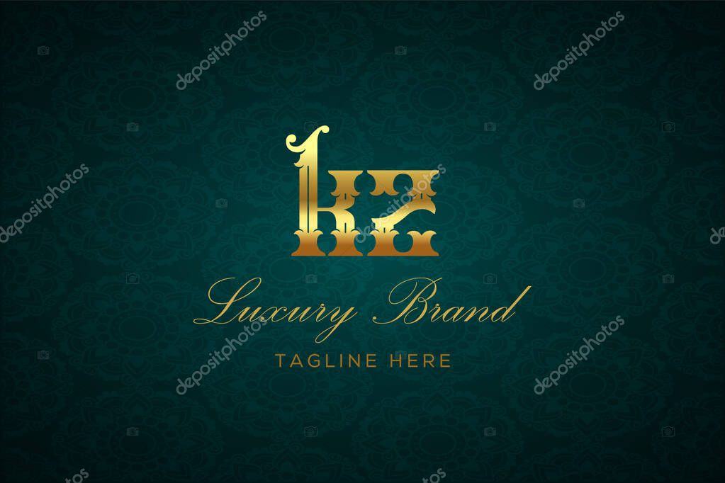 KZ LUXURY LETTER. Luxury brand logo featuring gold text and decoration on a dark green patterned background, symbolizing sophistication and exclusivity, perfect for representing premium products, brands, and high-end businesses.