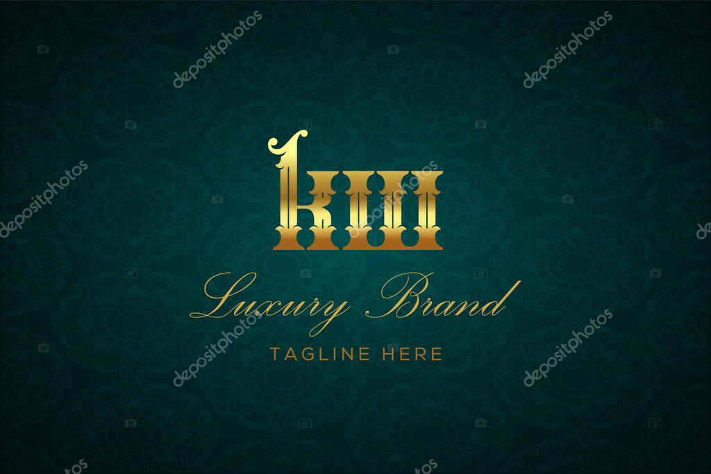 KW LUXURY LETTER. Luxury brand logo featuring gold text and decoration on a dark green patterned background, symbolizing sophistication and exclusivity, perfect for representing premium products, brands, and high-end businesses.
